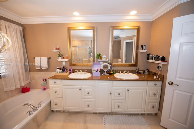 bathroom with crown molding, vanity, and shower with separate bathtub