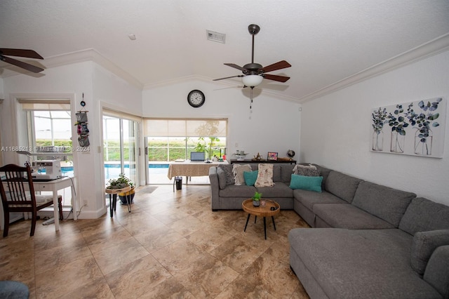 living room featuring ceiling fan, lofted ceiling, and crown molding