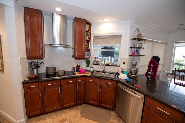 kitchen featuring black electric stovetop, sink, stainless steel dishwasher, wall chimney exhaust hood, and dark stone countertops