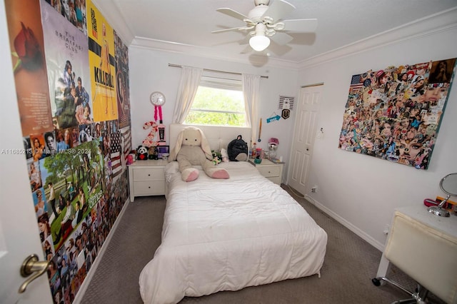 carpeted bedroom with ceiling fan and ornamental molding