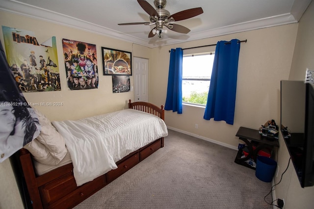 bedroom featuring carpet, ceiling fan, and ornamental molding