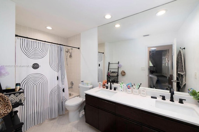 full bathroom with shower / bath combination with curtain, vanity, and toilet