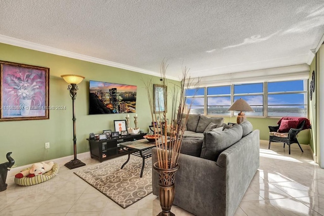 tiled living room featuring crown molding and a textured ceiling