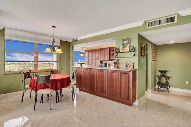 18011 Biscayne Blvd Unit 1705, Aventura, FL 33160 - dining area featuring crown molding, a chandelier, a textured ceiling, and light marble finish flooring