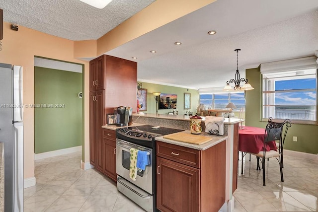 18011 Biscayne Blvd Unit 1705, Aventura, FL 33160 - kitchen featuring stainless steel appliances, a peninsula, a textured ceiling, light marble finish flooring, and light countertops