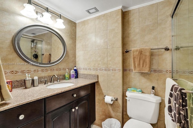 18011 Biscayne Blvd Unit 1705, Aventura, FL 33160 - full bath with tile walls, vanity, crown molding, tiled shower, and backsplash
