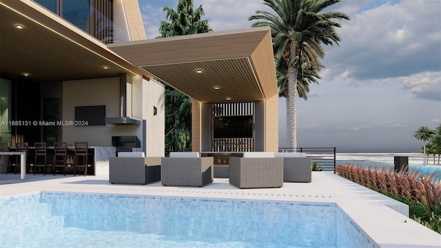 view of swimming pool featuring an outdoor hangout area and a patio