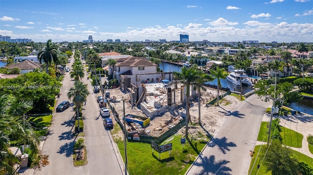 bird's eye view with a water view