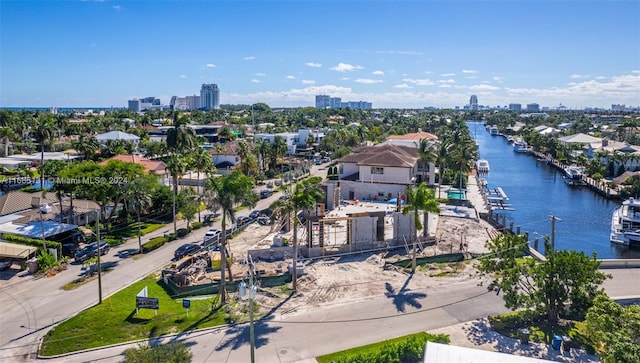 drone / aerial view with a water view