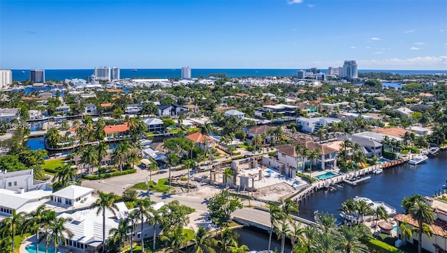 drone / aerial view featuring a water view