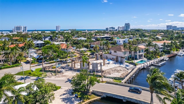 bird's eye view with a water view