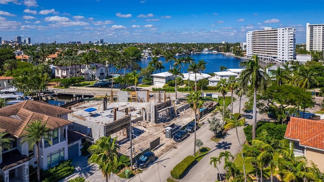 birds eye view of property featuring a water view