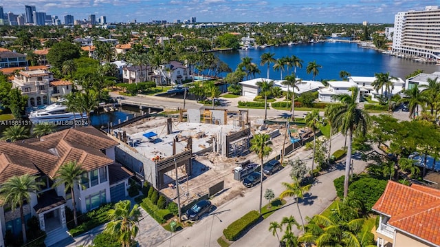 drone / aerial view with a water view