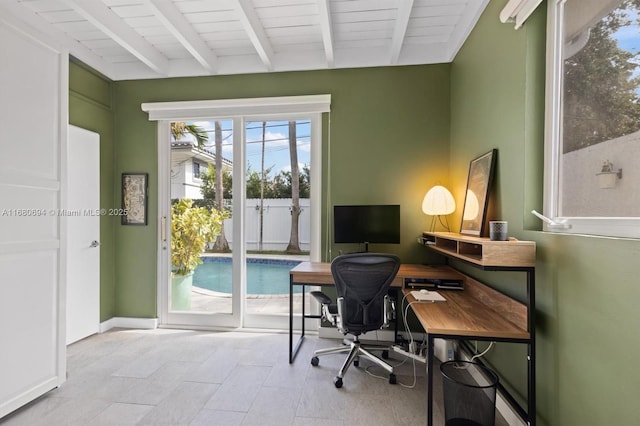 office with beam ceiling