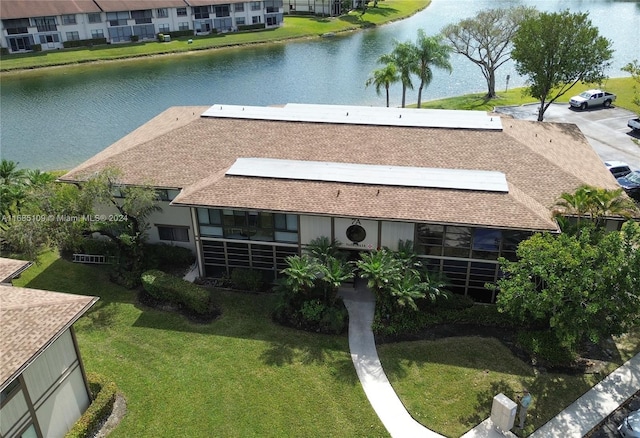 aerial view featuring a water view