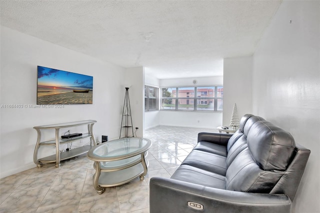 living room featuring a textured ceiling