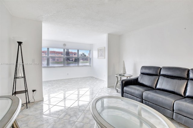 living room with a textured ceiling