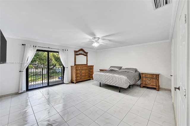 bedroom featuring crown molding, access to exterior, and ceiling fan