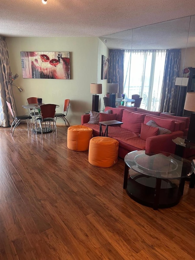 living room featuring a textured ceiling and hardwood / wood-style flooring