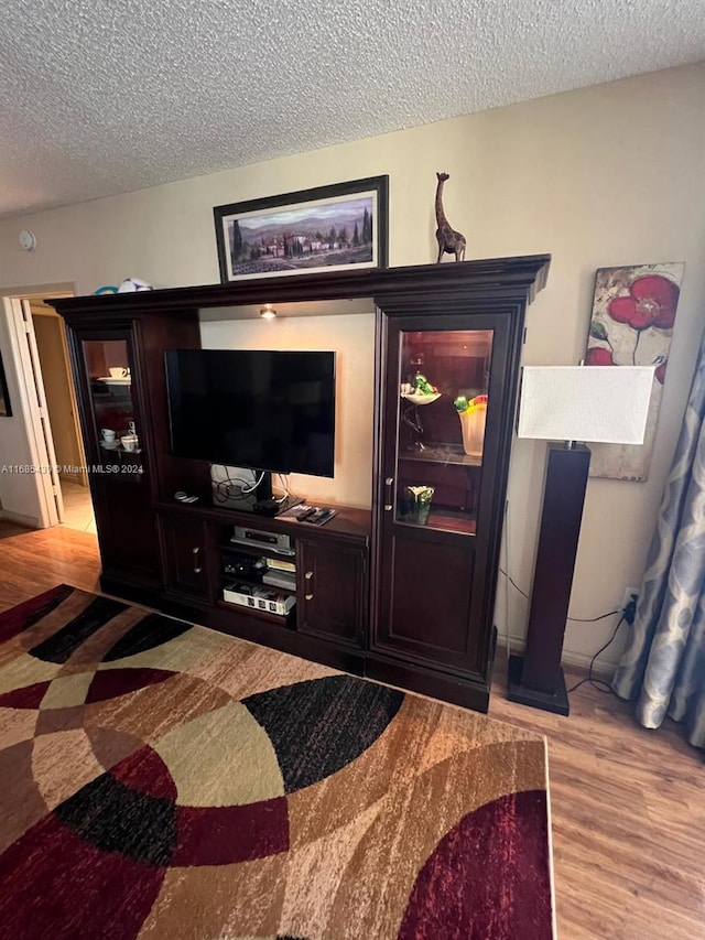 interior details featuring hardwood / wood-style floors and a textured ceiling