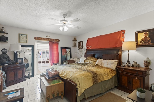 tiled bedroom featuring access to outside, ceiling fan, and a textured ceiling