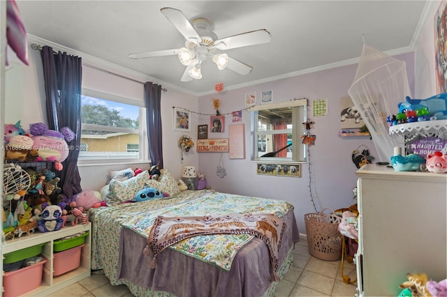 bedroom with ceiling fan, ornamental molding, and light tile patterned flooring