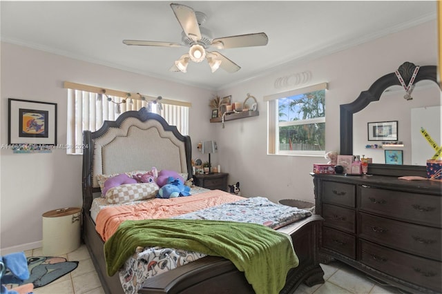 bedroom with light tile patterned flooring, multiple windows, and ceiling fan