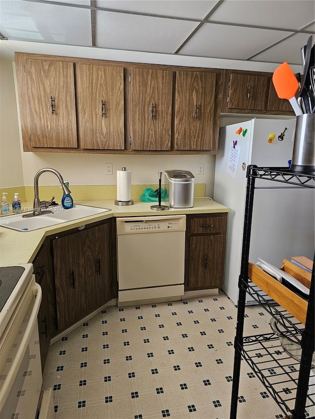 kitchen with sink, a drop ceiling, and white appliances