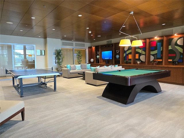 game room with billiards and light colored carpet