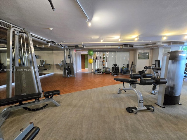 workout area featuring wood-type flooring