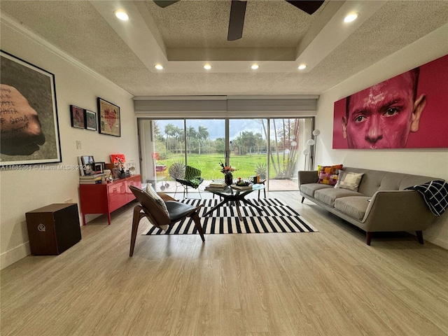 living room featuring light wood-type flooring and a raised ceiling