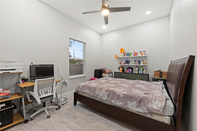 bedroom with ceiling fan, baseboards, and recessed lighting