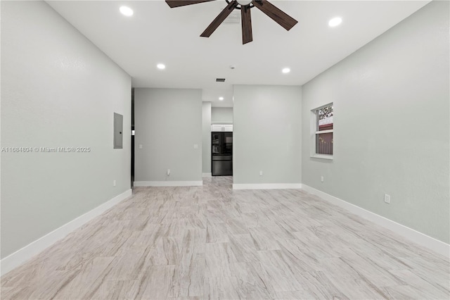 unfurnished living room with a ceiling fan, recessed lighting, visible vents, and baseboards