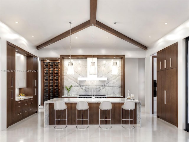 bar with decorative backsplash, exhaust hood, light stone counters, beamed ceiling, and decorative light fixtures