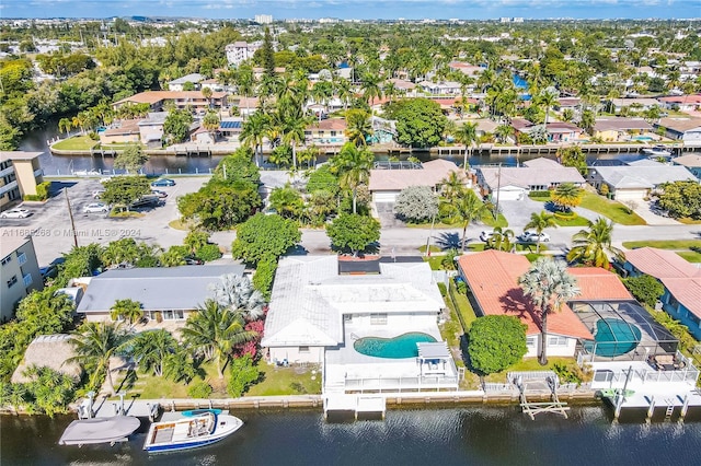 drone / aerial view with a water view