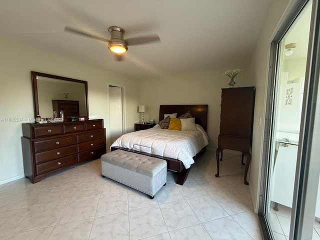 tiled bedroom with ceiling fan