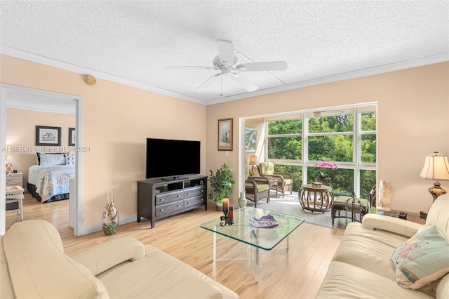 living room with a textured ceiling, ceiling fan, crown molding, and light hardwood / wood-style flooring