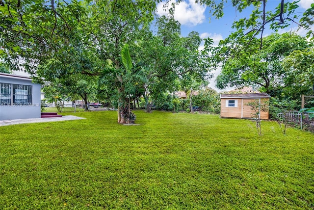 view of yard featuring a storage unit