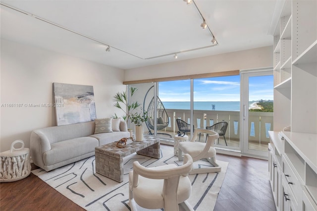 living room featuring rail lighting, a water view, and wood-type flooring