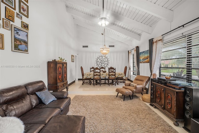 living room featuring beamed ceiling, ceiling fan, wooden ceiling, and high vaulted ceiling