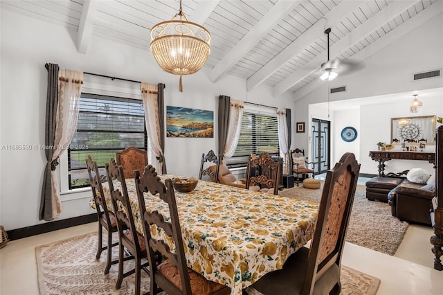 dining room featuring beam ceiling, ceiling fan with notable chandelier, and high vaulted ceiling