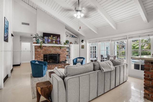 living room featuring high vaulted ceiling, wooden ceiling, beamed ceiling, ceiling fan, and a fireplace