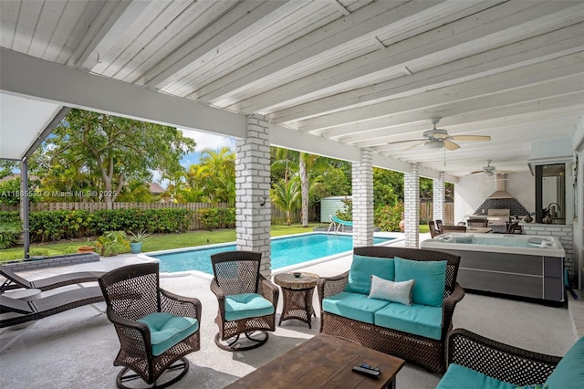 view of patio / terrace with ceiling fan, area for grilling, an outdoor hangout area, and a fenced in pool