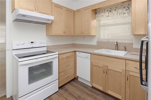 kitchen with dark hardwood / wood-style flooring, light brown cabinets, sink, and white appliances