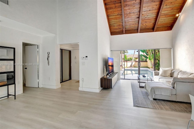 living room with beam ceiling, high vaulted ceiling, wooden ceiling, and light wood-type flooring