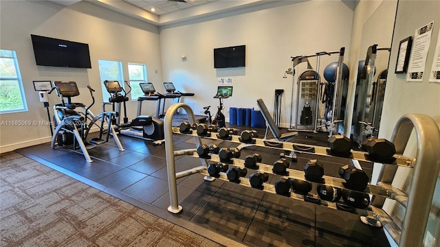 exercise room featuring a high ceiling