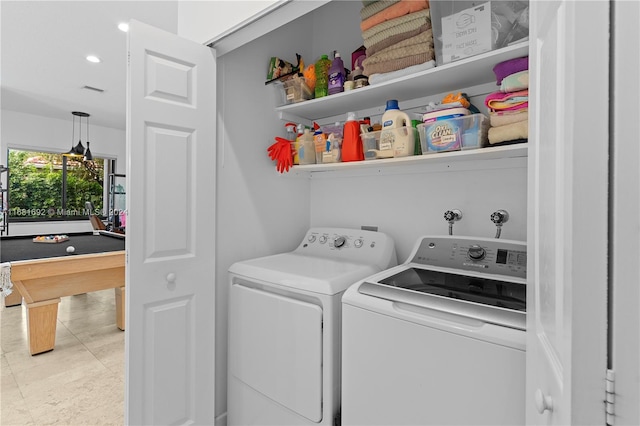 washroom featuring pool table and separate washer and dryer