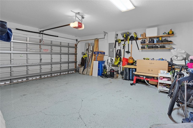 garage with a garage door opener and electric panel