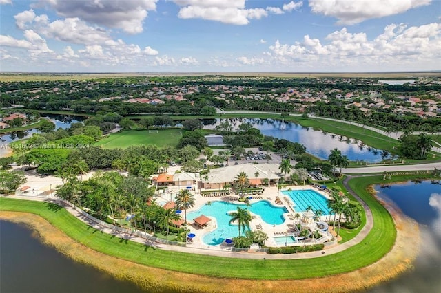 aerial view featuring a water view