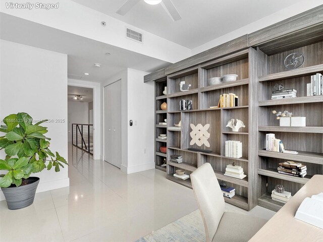 tiled office with ceiling fan